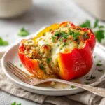 Served Costco stuffed pepper with cheesy beef and rice filling