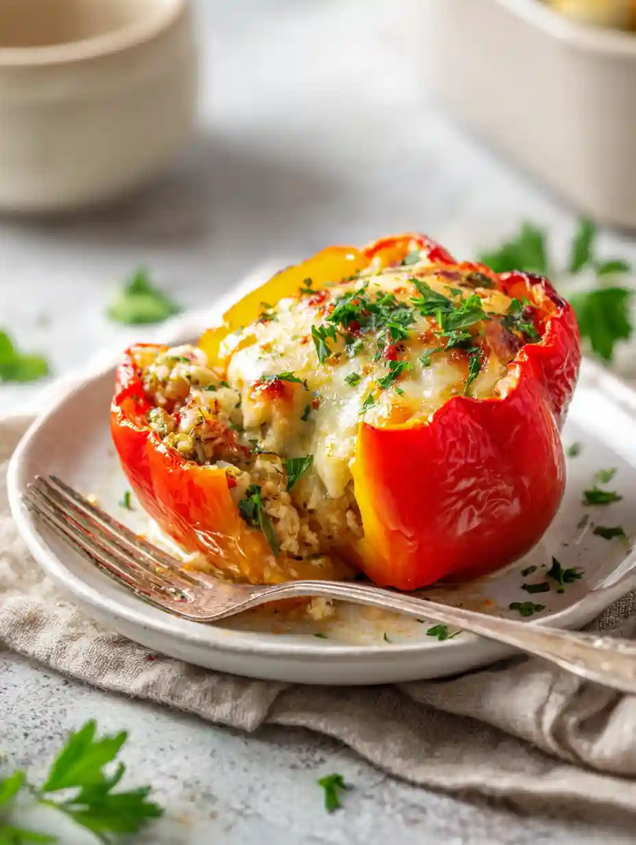 Served Costco stuffed pepper with cheesy beef and rice filling