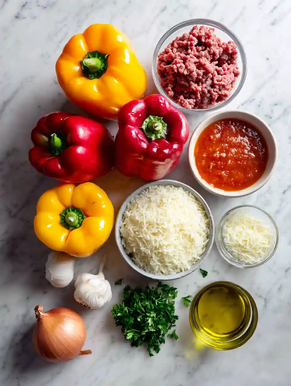 Ingredients for homemade Costco stuffed peppers laid out on a counter
