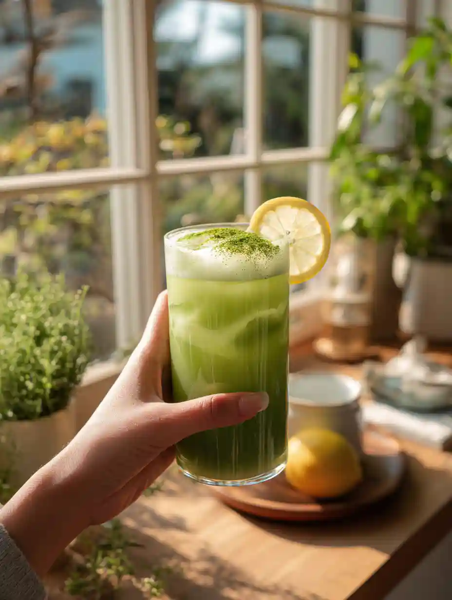 Japanese Mounjaro drink served in a hand near kitchen window