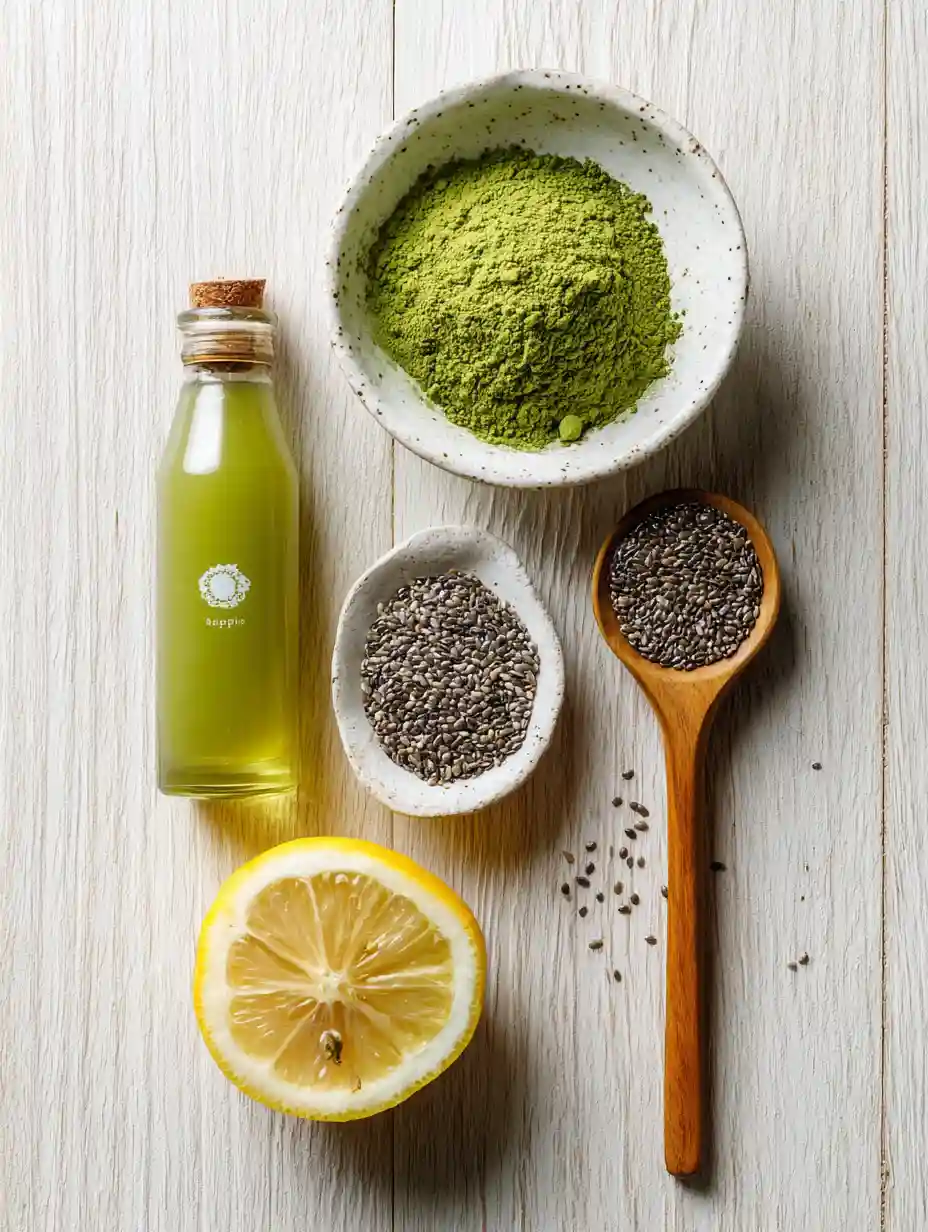 Ingredients for Japanese Mounjaro recipe – matcha, lemon, chia