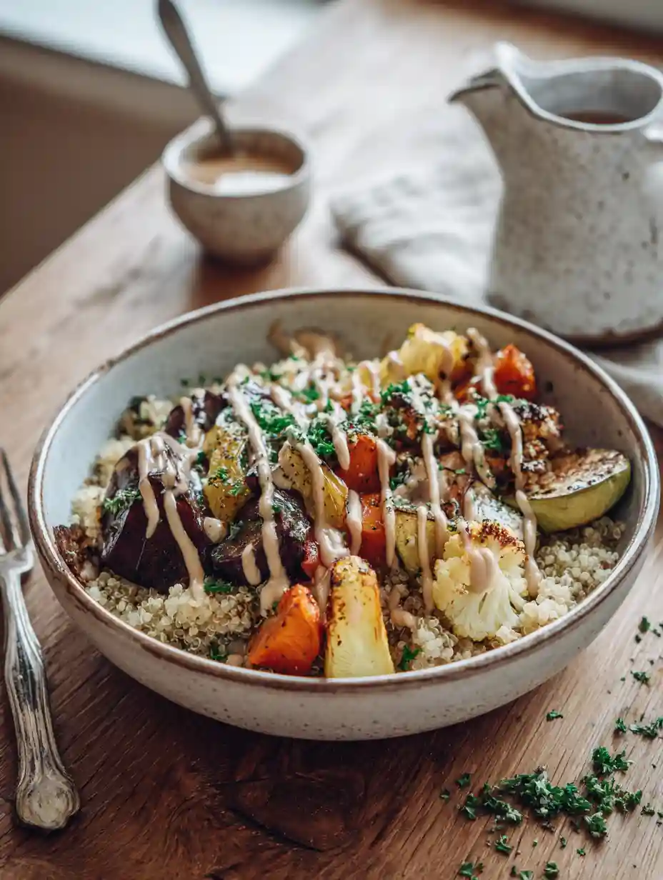 Grain bowl with roasted veggies and tram sauce drizzled on top