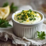 Tram sauce in white ramekin with herbs and lemon zest on wooden table