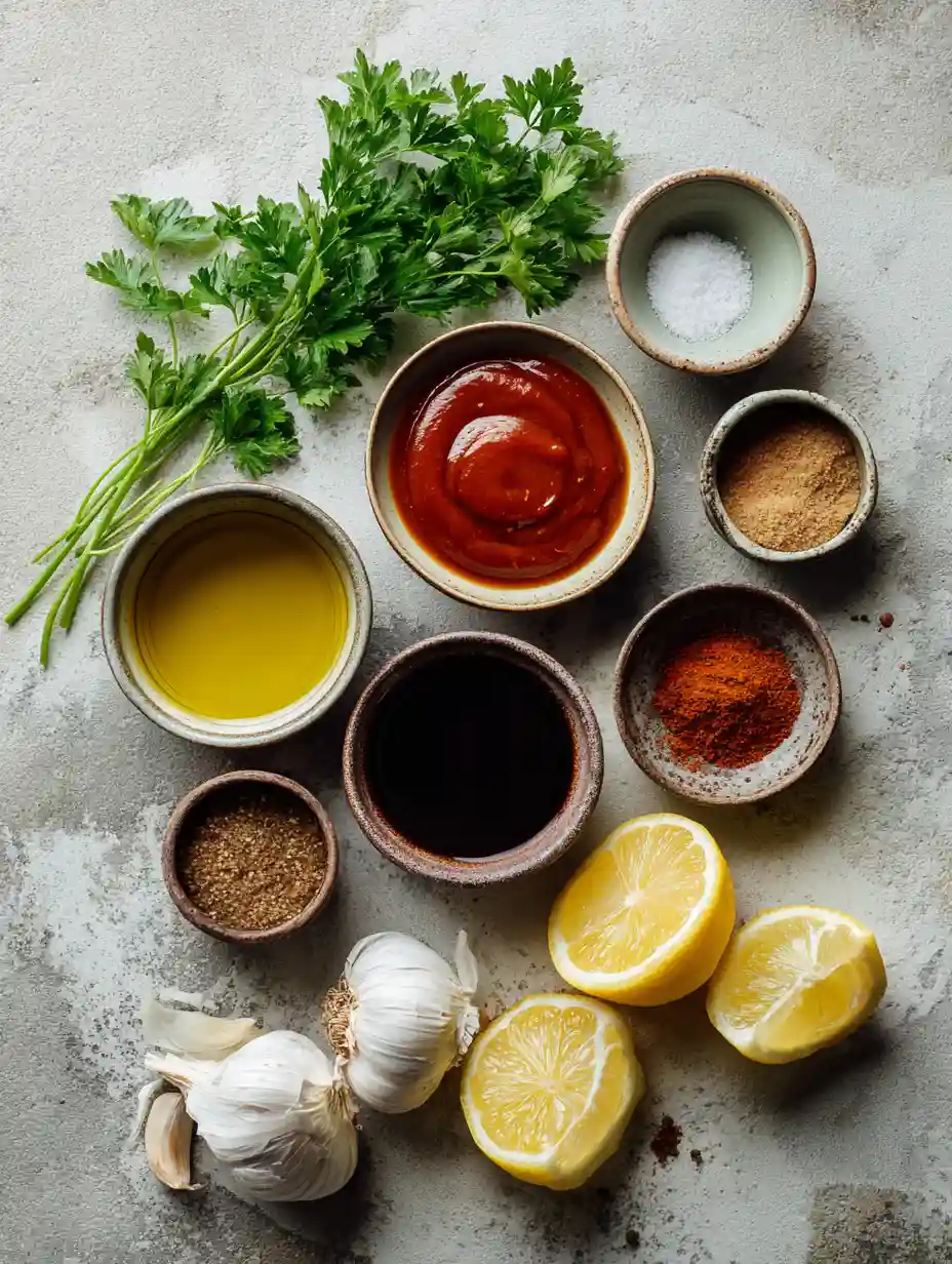 Ingredients for tram sauce arranged in small bowls on neutral background